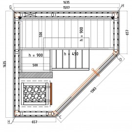 Plan sauna d'angle vitré S1616CV