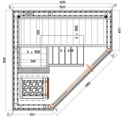 Plan sauna d'angle vitré S1616CV